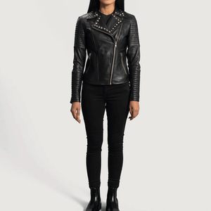 Women's Genuine Sheepskin Leather Biker Style Motorbike Jacket Winter Windproof Studded Notch Collar Black Breathable Motorcycle - Product Image 6