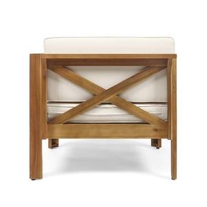 Juego de sofá Seccional de madera para exteriores contemporáneo con cojines de color crema y mesa de centro a juego, ideal para descansar en el patio o el jardín - Product Image 4