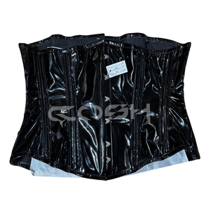 Corset sculptant la taille en vinyle PVC noir brillant, avec baleines en acier et fermeture frontale à agrafes - Product Image 5