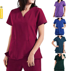 Ensemble d'uniformes infirmiers unisexes élégants à col en V et manches courtes, personnalisables avec étiquette privée, écologiques, 100 % coton, blouses médicales pour hôpital - Product Image 3