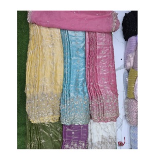 New Imported Handwork <b>Beads</b> With Sequence Fendy Silk <b>Fabric</b> Printed Silk <b>Fabric</b> for Export Sale from India - Product Image 1