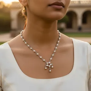 Collier délicat en perles argentées pour femme, bijoux de mode, cadeau, collier élégant en perles - Product Image 2