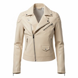 Chaqueta de Motociclista de Cuero Crema con Herrajes Plateados Personalizados, Precio de Fábrica al por Mayor, Estilo Motero Genuino, Moda Femenina - Product Image 2