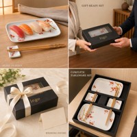 Ensemble cadeau assiette et baguettes en céramique motif fleur de prunier japonais pour 2 personnes, boîte cadeau en porcelaine prune rouge, vente en gros personnalisée