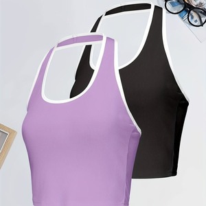 Paquete de 2 camisetas sin mangas con ribete en contraste, camiseta informal sin mangas con cuello Halter para verano y primavera, ropa de mujer - Product Image 2
