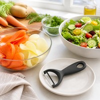 Grijze Y-vormige schilmes van roestvrij staal, draaibaar, voor groenten en fruit, ergonomische handgreep, keukenhulp voor voedselbereiding, groothandel.