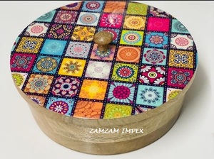 Handcrafted <b>Wooden</b> Chapati <b>Box</b> for Decorative Roti <b>Storage</b> Colorful Printed Lid with Polished Finished Decoration - Product Image 3