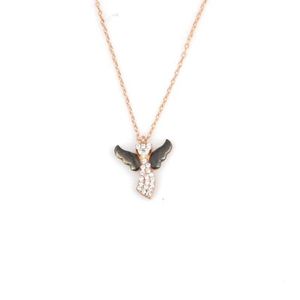 925 Sterling Silver Angel Necklace <b>Wings</b> Rhodium Gold Plated Featuring Pink <b>Black</b> White Diamonds Number for Gift Main Brass - Product Image 2