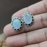 Boucles d'oreilles en pierre de lune arc-en-ciel, bijoux en pierres précieuses facettées, clous en argent sterling faits à la main avec diamant et perle, combinaison unique
