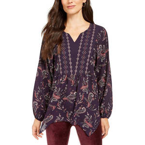 Top da Donna Style & Co in Chiffon Stampato Stile Bohemien Chic con Orlo a Fazzoletto e Design Paisley Uva, Taglia Extra Small - Product Image 1