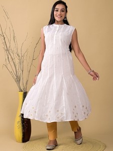 Latest Collection Ethnic Motifs Embroidered Band Collar Thread Work Detail Anarkali <b>White</b> Cotton A-Line Sleeveless Kurta Best - Product Image 5