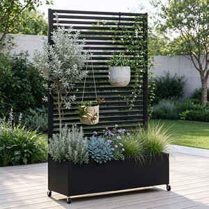 Modern Black Metal Planter <b>Box</b> with Trellis Powder Coated Outdoor <b>Garden</b> Flower Pot - Product Image 2