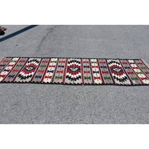 Alfombra Turca Vintage de Lana Ecológica de Pelo Medio, Roja y Blanca, Estilo Tradicional, Gran Tamaño 3 x 10.2 pies, Diseño de Patchwork, Látex - Product Image 3