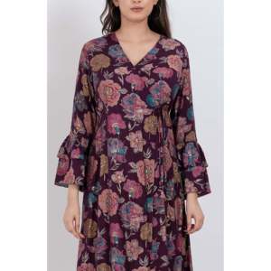 Robe midi évasée à imprimé floral, taille XS, en rayonne et mousseline, taille naturelle, coupe décontractée, motif floral, idéale pour les soirées - Product Image 1