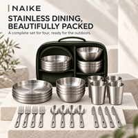 Ensemble de vaisselle moderne OEM en acier inoxydable 304, service de table de camping avec assiettes, bols, tasses et couverts pour usage en station balnéaire et pique-nique