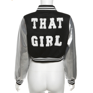 Chaqueta Varsity de Poliéster para Mujer, Talla XL, Primavera/Otoño, Resistente al Viento, con Bolsillos Bordados, Diseño de Parches con Estampado Negro, Estilo Béisbol - Product Image 2