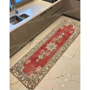 Tapis imprimé à motifs ethniques, tapis de salle à manger turc de luxe rouge et vert, tapis antidérapant, tapis doux non tissé - Product Image 4