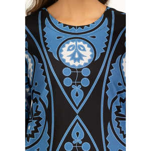 ชุดสูทลำลองแบบเป็นทางการ 3 ชิ้น ผ้าแคมบริคพิมพ์ลายสำหรับผู้หญิง สีน้ำเงินเหล็ก ตกแต่งกระดุม สำหรับฤดูร้อน - Product Image 4