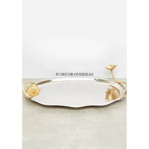 White Color Powder Coating And Gold Plated High Quality Metal Made Round Shape Serving <b>Tray</b> With Bird Designer Handles Supplies - Product Image 2