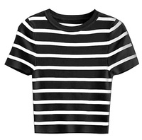Grosir kaus atasan Crop lengan pendek katun 100% cetak kotak-kotak musim panas wanita buatan khusus Logo kustom bergaris bersirkulasi