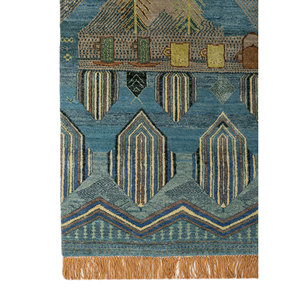 Tapis Manchaha bleu noué à la main en laine, soie de bambou et coton biologique, motif patchwork pour la maison, le salon, le couloir, en jute - Product Image 4