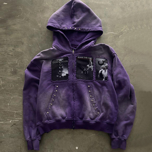 Sudaderas con capucha ecológicas de gran tamaño para hombre desgastadas con lavado ácido vintage de Algodón 100% con logotipo personalizado bordado con cremallera OEM 400 500gsm francés - Product Image 2