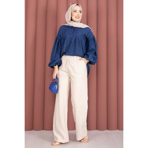 Women's Beige Wide Leg Palazzo Pants with <b>Elasticated</b> High/Low <b>Waist</b> Breathable Casual Straight-Leg <b>Trousers</b> - Product Image 3