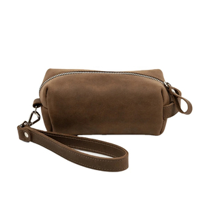 Pochette cosmétique simple en microfibre marron avec fermeture éclair et dragonne, trousse de toilette portable pour le voyage - Product Image 1