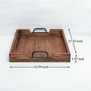 Bandejas de almacenamiento de madera natural rectangulares de dos piezas de estilo rural con asas de metal para mesa de centro de cocina vajilla portátil - Product Image 4