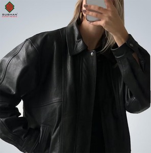 Manteau vintage surdimensionné des années 1990, veste en cuir noir rétro, veste en cuir de mouton véritable faite à la main pour femmes, streetwear d'hiver, manteau de style ancien - Product Image 3