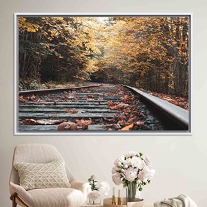 Tableau sur toile sur le thème des rails de train d'automne : Décoration murale paysagère, TOILE ENCADRÉE BLANCHE - Product Image 1