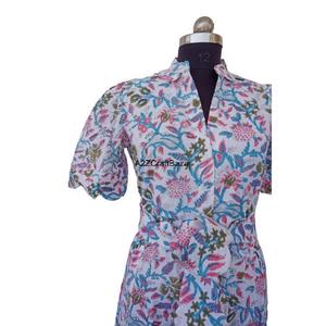 ชุดเดรสอินเดียทำมือจากผ้าฝ้าย 100% สำหรับผู้หญิง พิมพ์ลายดอกไม้ คอวี แขนสั้น สวมใส่สบายทุกวัน เป็นมิตรกับสิ่งแวดล้อม สไตล์วินเทจ ความยาวปานกลาง - Product Image 4