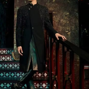 DESIGNER GROOM BLACK INDO-WESTERN SHERWANI,KURTA & <b>PANT</b> DRESS WITH EMBELLISHED CRYSTAL GLASS BEADS,DABKA WORK for WEDDING=2025 - Product Image 1