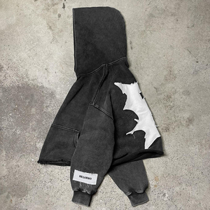 Streetwear pour hommes, sweats à capuche en coton mélangé à l'ourlet brut, vintage, lavé à l'acide, avec patch brodé - Product Image 2