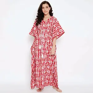 Comfort Fit 100% Cotton V Neck Draw String Waist Half Sleeves Red Striped Batik Hand Block Kaftan