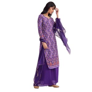 Vente en gros de vêtements ethniques violets, ensemble Kurta de travail avec miroir imprimé et palais évasé, tenue personnalisée de fournisseur de vêtements OEM pour femmes - Product Image 4