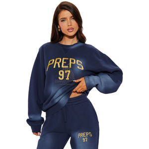 Acid Wash Embroidery Streetwear Solid 100% Cotton Flared Jogger Tracksuits Sweatsuits <b>Sweatshirt</b> Sweatpants Sets Winter - Product Image 2