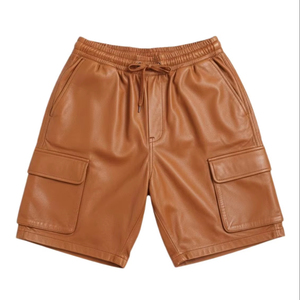 Pantalones Cortos Cargo de Cuero Genuino para Hombre con Cintura Elástica con Cordón, Color Marrón Claro, para Uso Diario, Ropa de Calle Moderna - Product Image 1