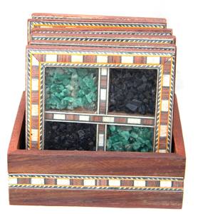 Wooden 4 pcs <b>Coaster</b> <b>Set</b> <b>with</b> <b>Holder</b> Acacia Mango Wood <b>with</b> Brass Stone Inlay Work - Product Image 2