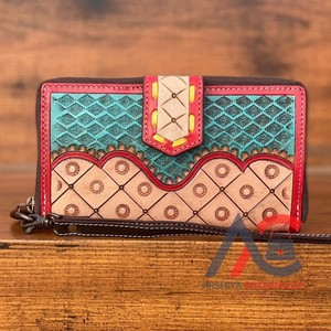 กระเป๋าสตางค์หนังแท้สำหรับผู้หญิงกระเป๋าคลัทช์ใส่บัตรหนังแท้งานแกะสลักแบบตะวันตก - Product Image 1