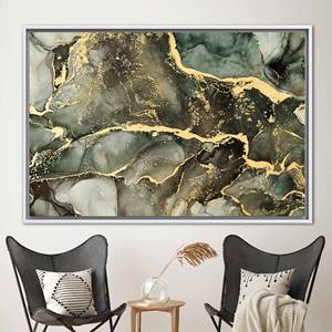 Toile murale élégante imprimée en marbre vert et doré, 1P : encadrée de blanc - Product Image 1