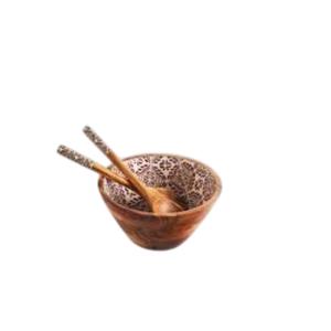 Ensemble de saladiers en bois d'acacia faits à la main avec intérieur à motifs uniques et ustensiles de service assortis pour une décoration élégante de la cuisine et de la salle à manger - Product Image 1
