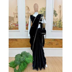 Sari de terciopelo elegante de buena calidad D FASHION GURU, largo hasta el suelo, con bordado elaborado, borde de encaje de lujo, de secado rápido, estilo Bollywood para fiestas - Product Image 1