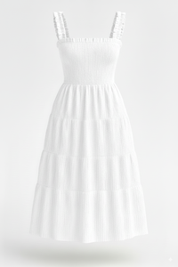 Robe d'été pour femmes, corsage smocké, à volants, longueur genoux, manches courtes, perlée, extensible, fournisseur direct d'usine pour femmes - Product Image 6