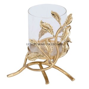 Portavelas elegante pulido dorado de diseñador de hojas, accesorios de mesa de latón y vidrio, candelabro de interior clásico para boda - Product Image 1
