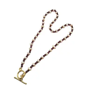 Beautiful Natural Garnet Gemstone With Baroque Pearl Hand Beaded Neck Chain With Toggle Closure 925 Sterling Silver Gold Plated