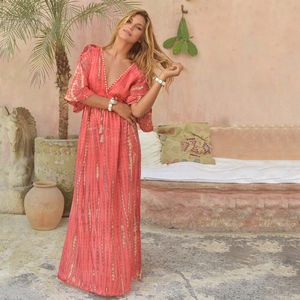 Vestido largo bohemio con tinte de corbata para mujer 100% rayón tejido ecológico largo verano suelto media manga Color rojo desgastado Suelto - Product Image 3