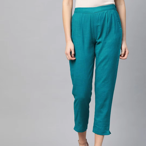 Breathable Womens Teal Cotton Slub <b>Trouser</b> <b>Pants</b> Crafted In Regular Fit For Comfortable Casual Office Travel And Daily Wear - Product Image 1
