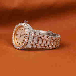 Montre analogique de haute qualité en cuir sport, avec cadran en chiffres arabes, date automatique, diamants glacés, boîtier en acier inoxydable or rose, 20 mm - Product Image 4