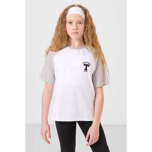 TOMMYLIFE Camiseta de algodón con cuello redondo y estampado para niñas, corte holgado, cómoda y elegante, blanca y beige, para jóvenes - Product Image 4
